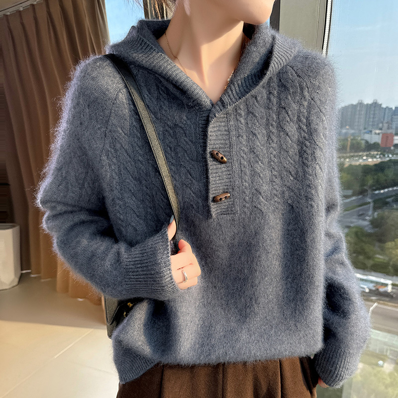 Wool Coat Peacoat - Pull à capuche tricoté en cachemire