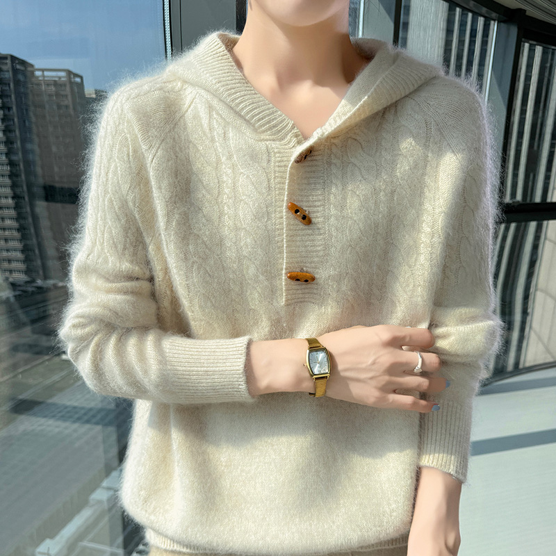 Pull à capuche tricoté en cach - Wool Coat Peacoat avis et prix