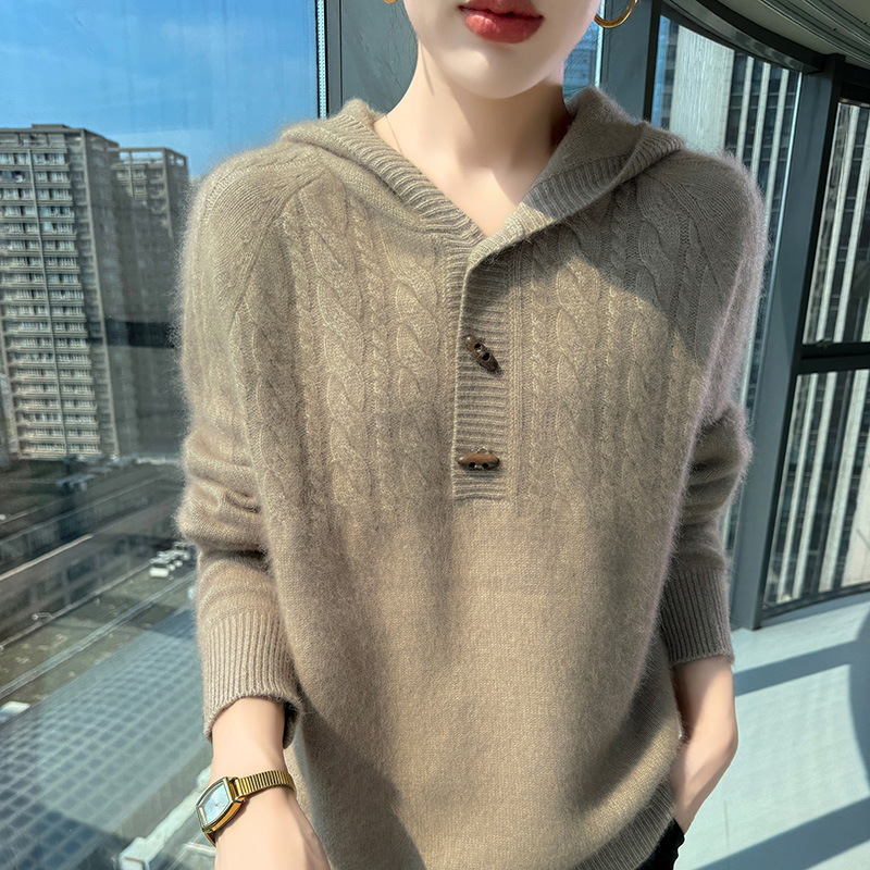 Pull à capuche tricoté en cach - Wool Coat Peacoat avis et prix